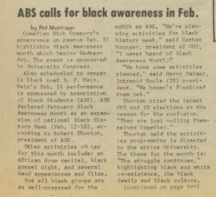 In a January 1976 article in the Oakland Sail ABS students advocate for a month-long African American celebration.