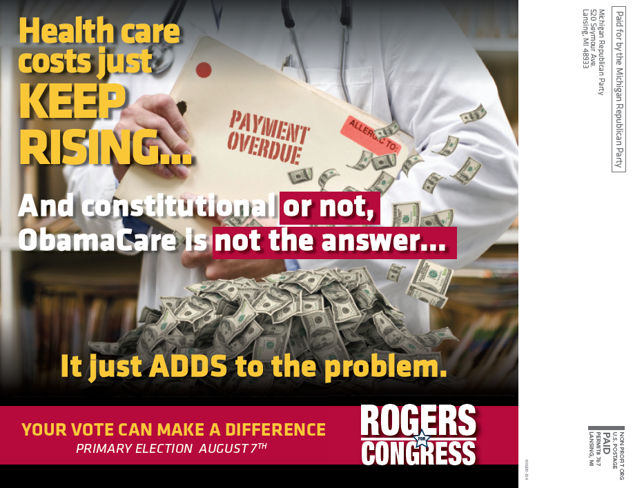 Rogers for Congress postcard denouncing Obamacare