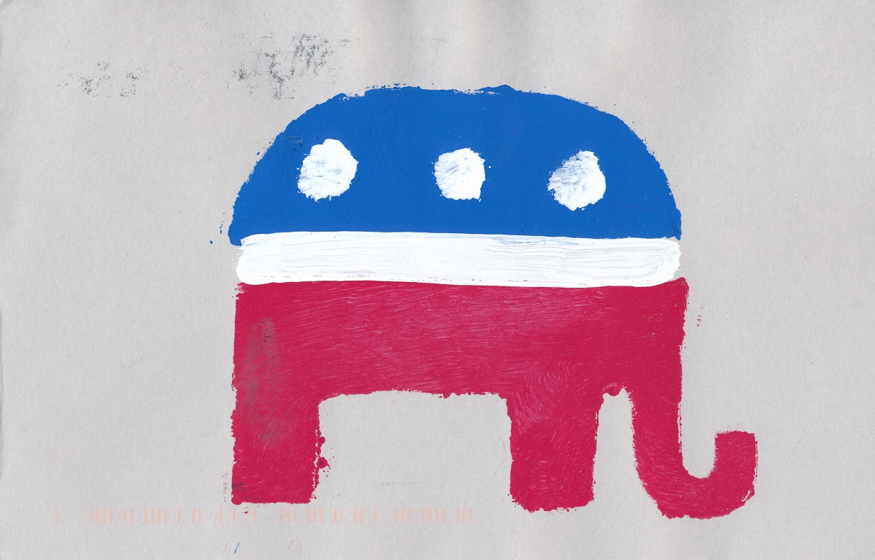 Cover of postcard sent to elector depicting GOP elephant