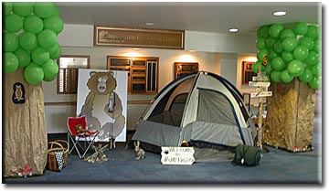 Photo of library foyer with camping gear set up
