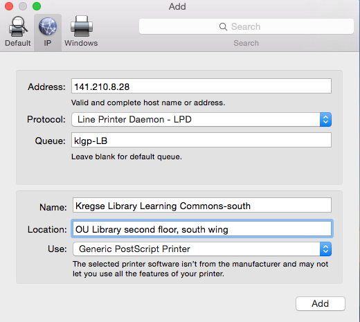Add Learning Commons south printer dialog