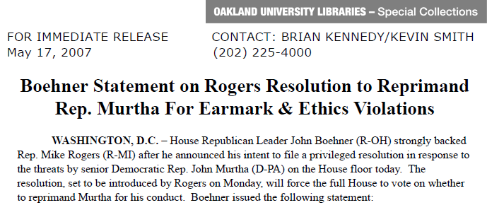 Press release about Speaker Boehner's support of Rogers in reprimanding Congressman Murtha 