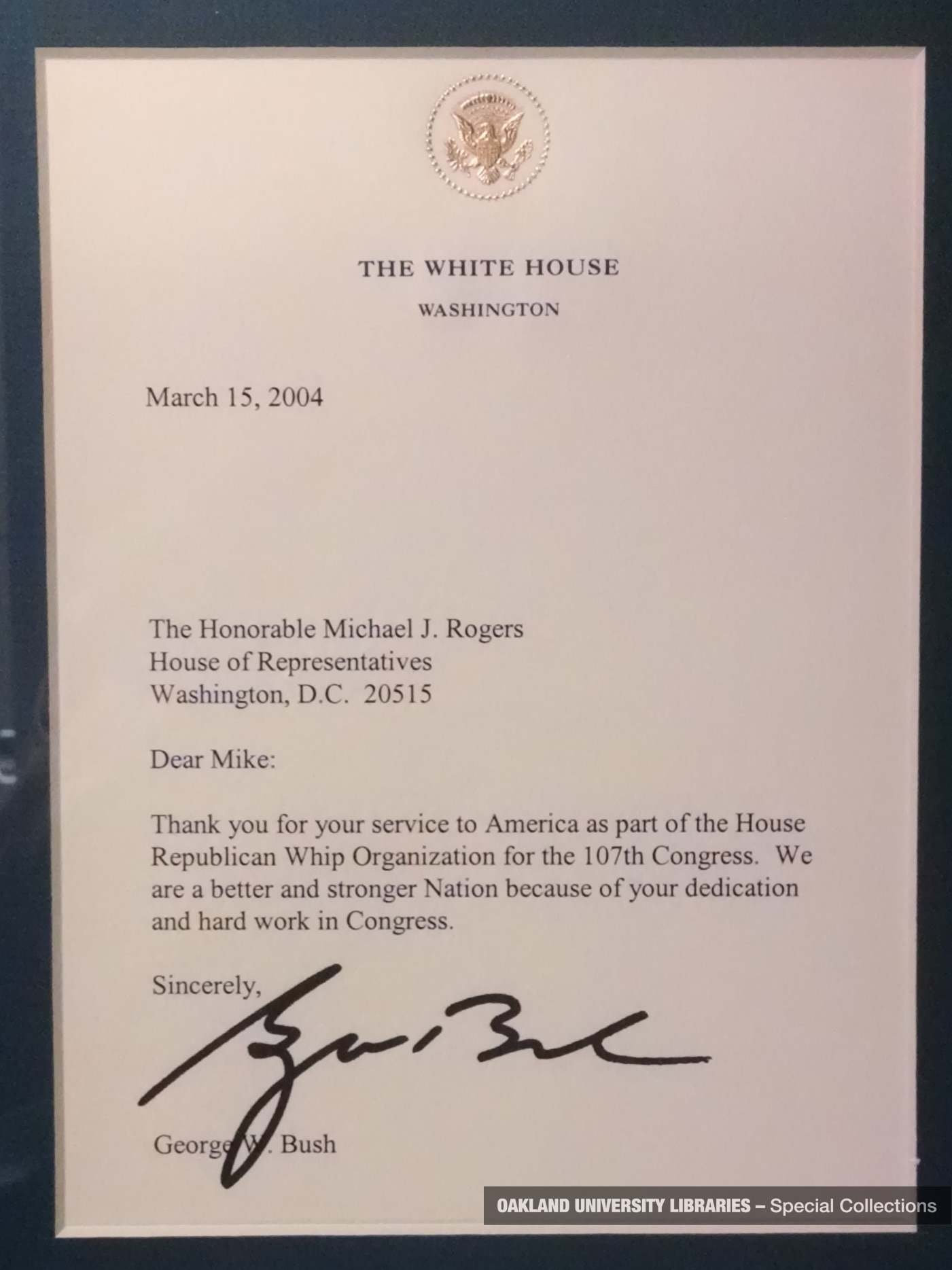 Thank you letter sent by President Bush to Congressman Rogers for service in the 107th Congress