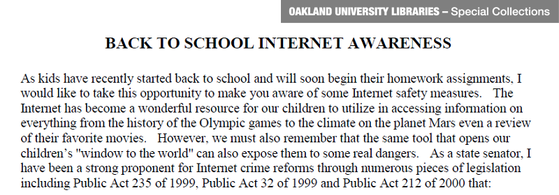 Mike Rogers advisory to parents on internet crime, 2000