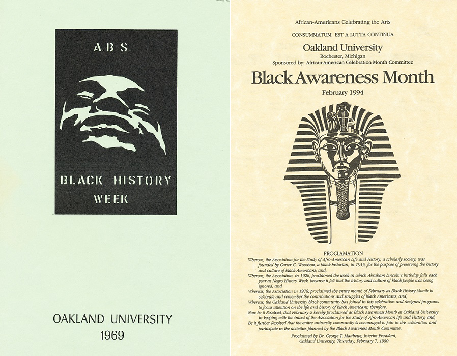 Cover of a 1969 program for Black History Week at OU and Black Awareness Month flyer, 1994