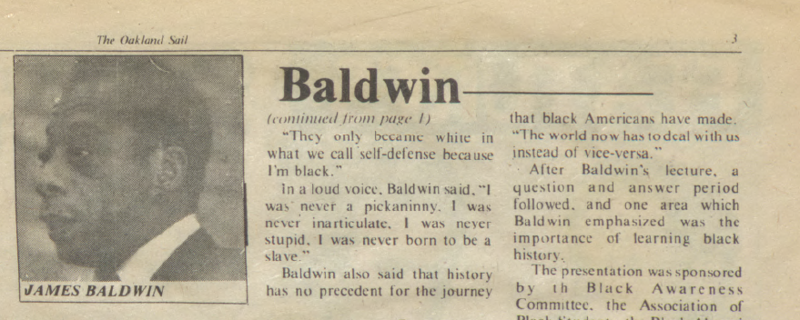 Headline in Oakland Sail for James Baldwin visit