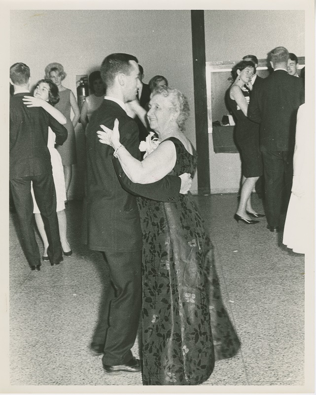Mrs Wilson dancing with a student, 1963