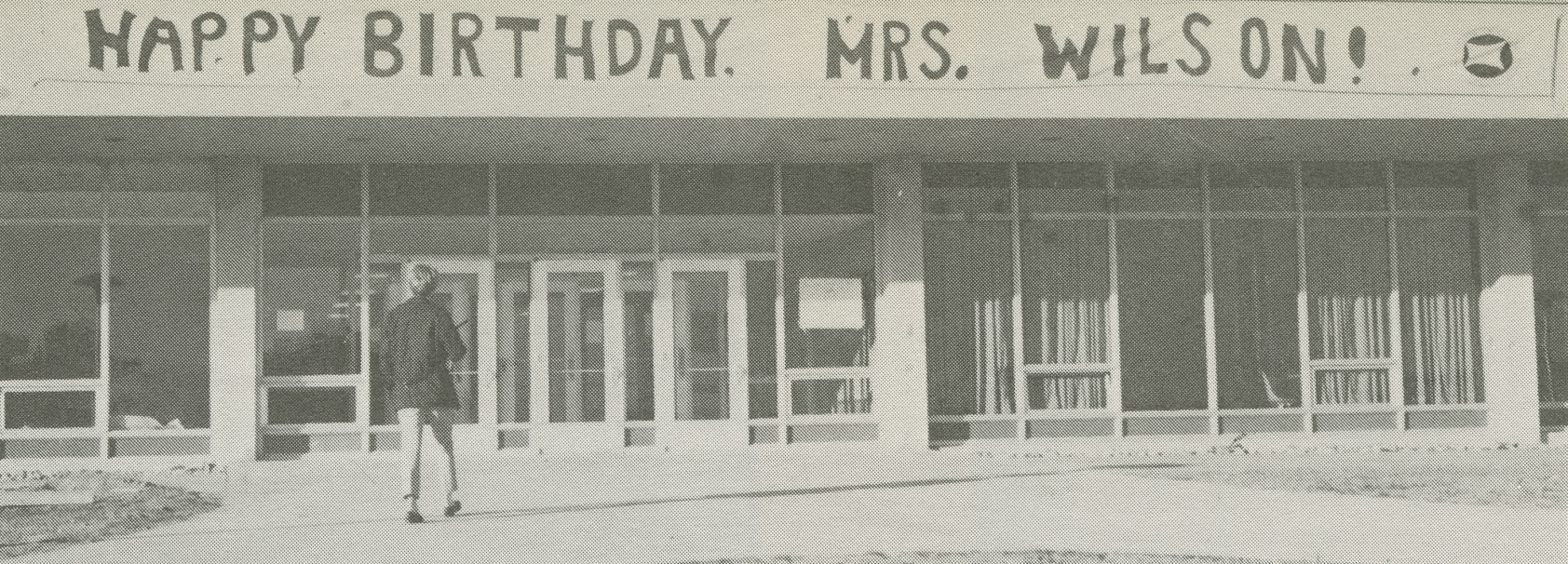 Giant Happy Birthday sign on the outside wall of the Oakland Center, 1966