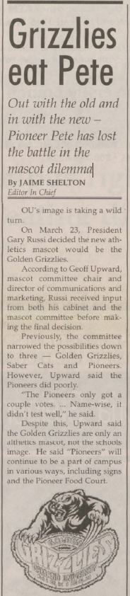 newspaper clipping about OU changing mascot to grizzly
