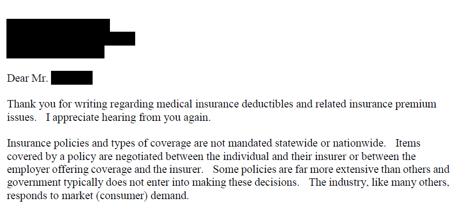 excerpt from letter to constituent about benefits of competition in health care