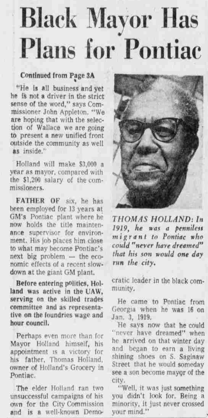 Newspaper clipping of article entitled Black Mayor has plans for Pontiac