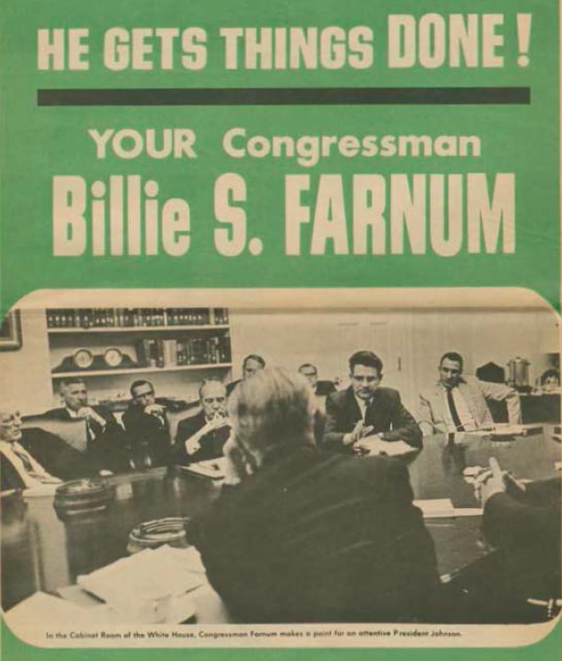 Advertisement for the reelection of Billie S. Farnum, 1966