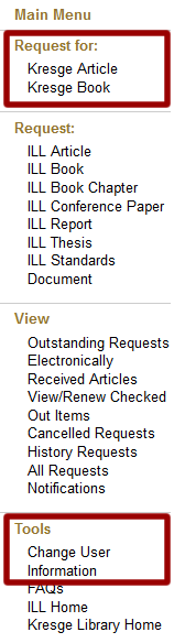 ILLiad menu when your status is a distance education student