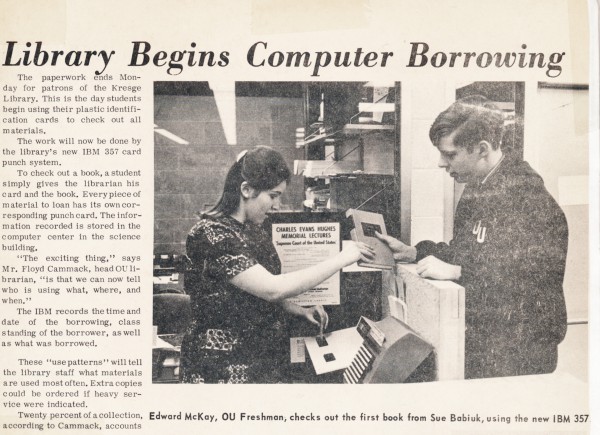 Newspaper clipping with student checking out library book using automated system