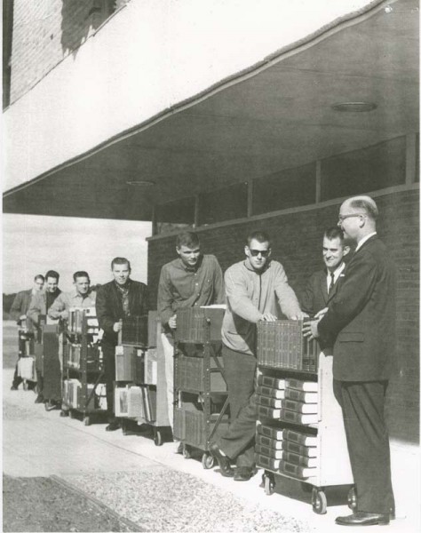 Books being moved into the new Kresge Library building